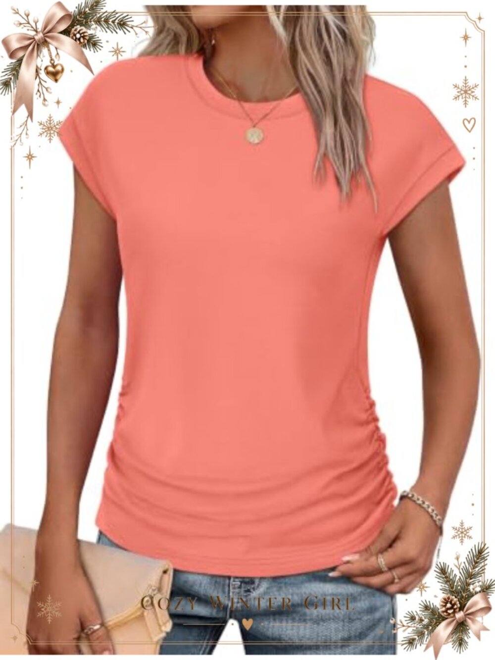 Womens Ruched Side Cap Sleeve Crew Neck T-Shirt Loose Fit Crop Top
